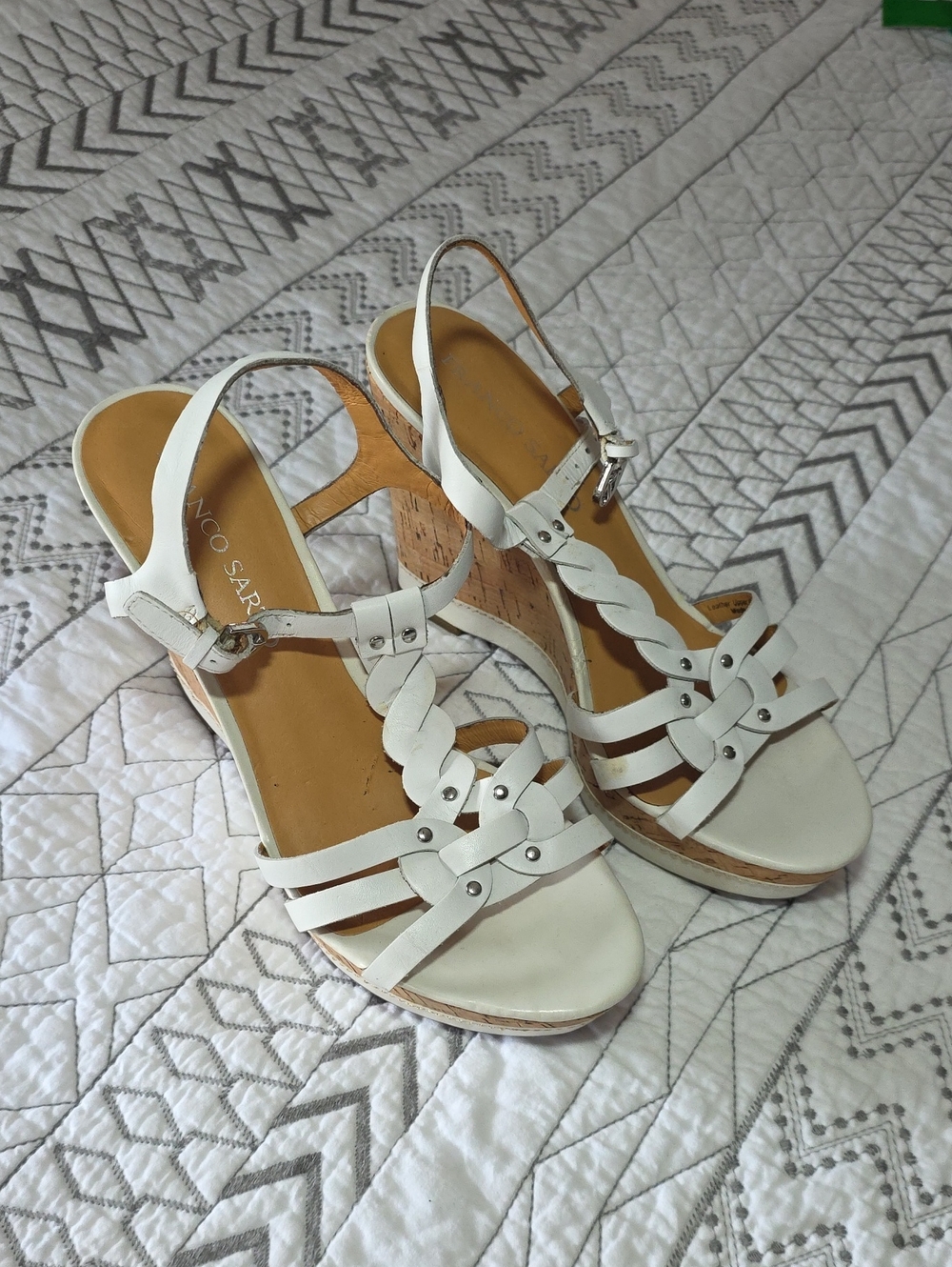 Franco Sarto White Braided Leather Cork Wedge Sandals